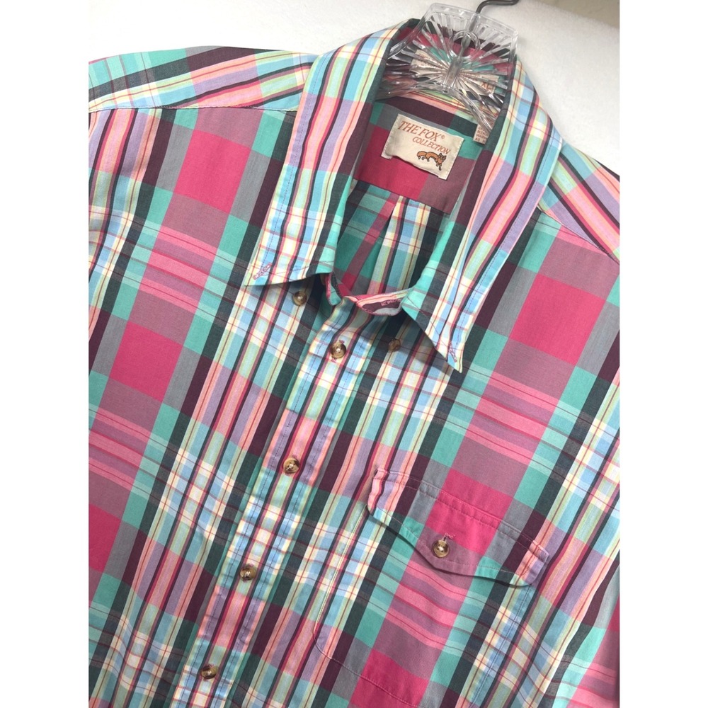 The Fox Collection Mens XL Plaid Button Down Shirt Short Sleeve Pink Teal VTG